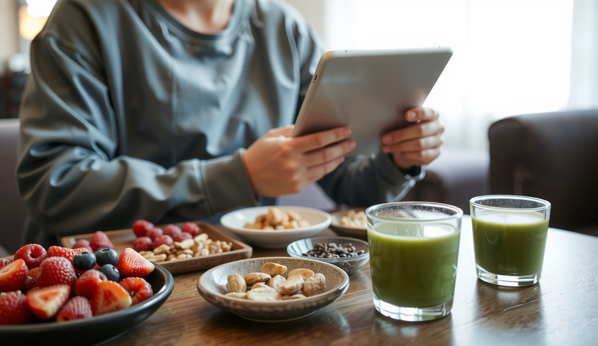 A person reading an article on a tablet surrounded by healthy snacks and a cup of tea, in a cozy, inviting setting, symbolizing knowledge and well-being.