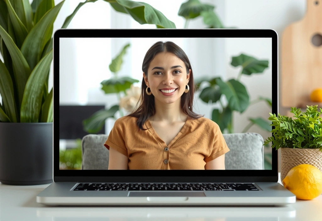 Person comfortably using a laptop for a video call with healthy food in background
