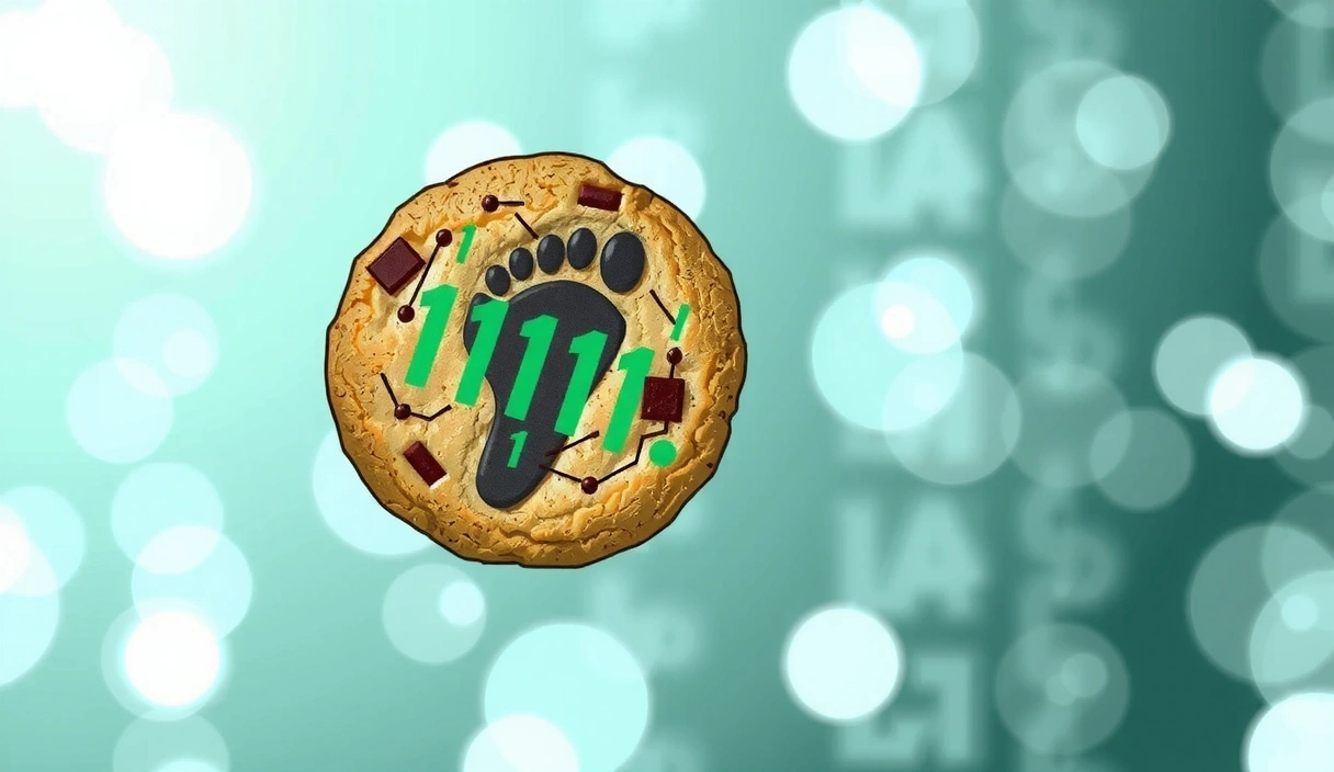 A detailed illustration of a cookie with binary code patterns and circuit board elements, symbolizing data tracking and digital footprint. The background is a soft, blurred glow of greens and blues, representing technology and data flow.