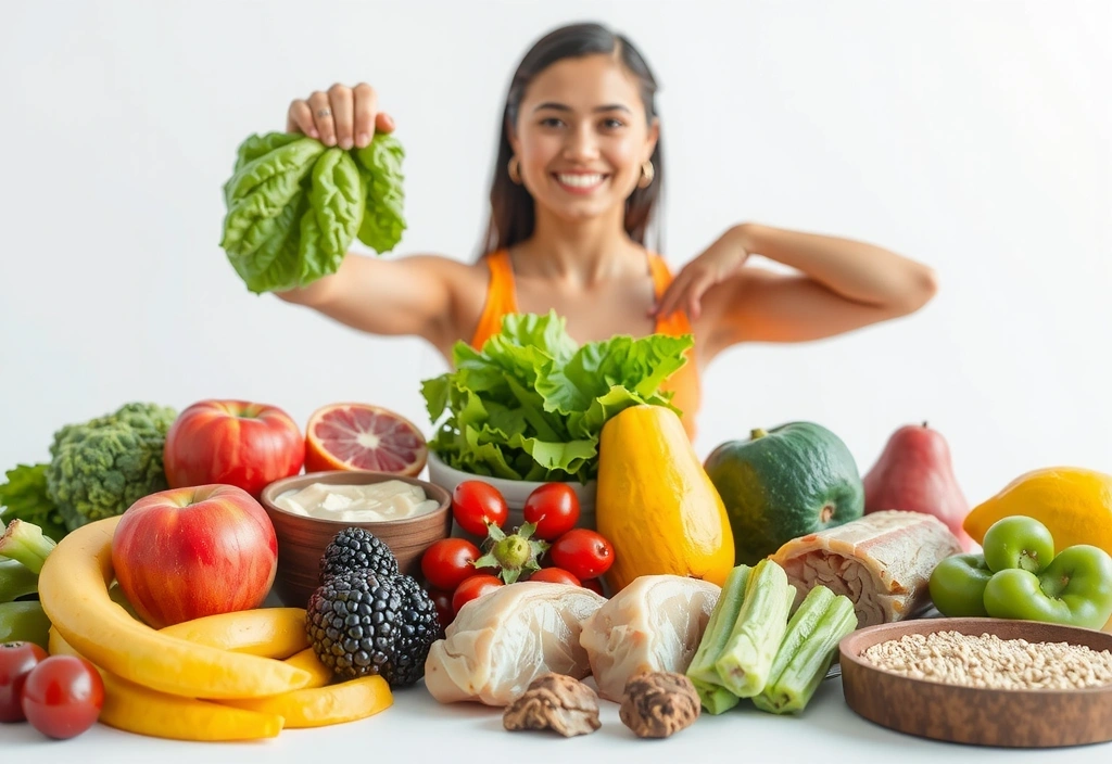 Healthy food spread with fresh fruits, vegetables, and a person looking energetic and healthy