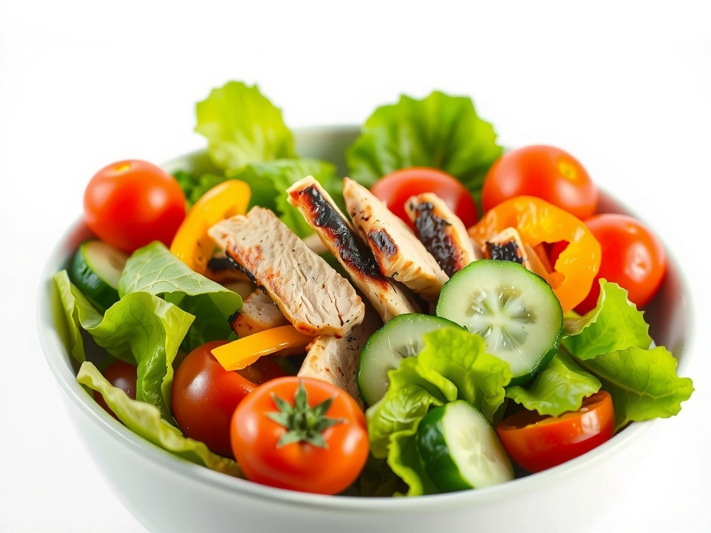 A vibrant salad bowl with fresh vegetables and grilled chicken, representing healthy eating.