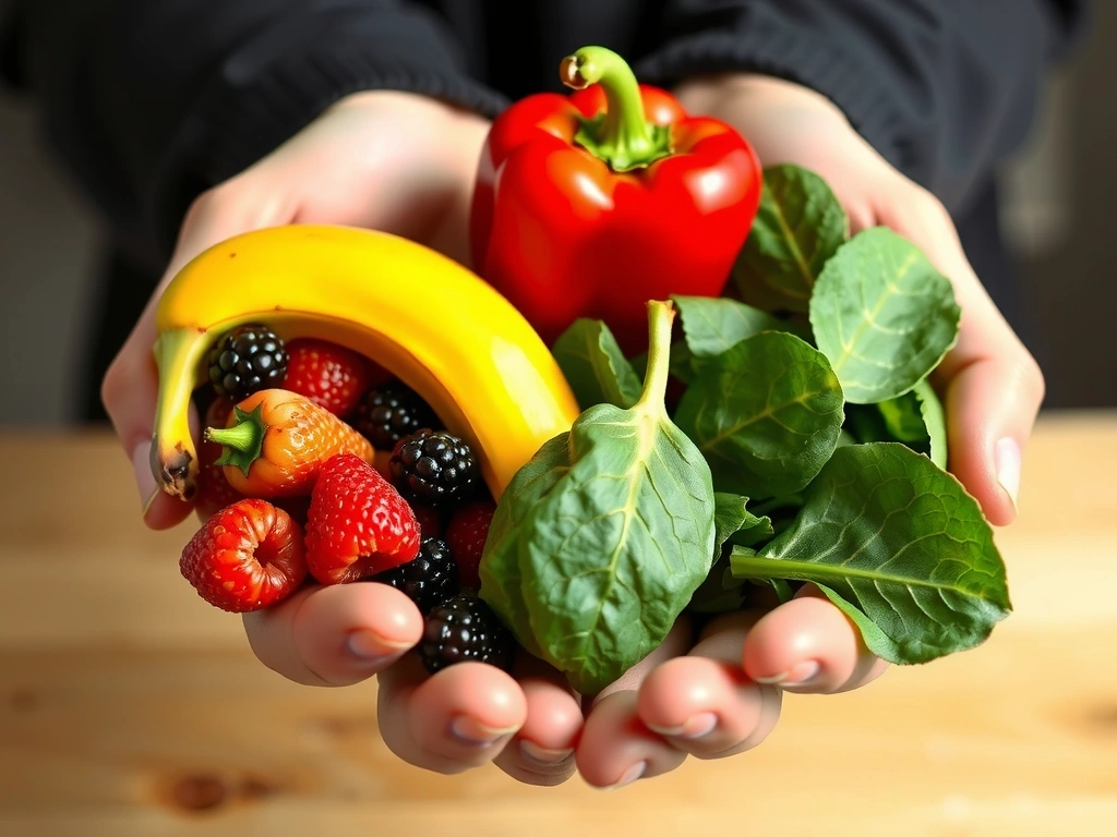 Hands holding a variety of colorful fresh fruits and vegetables, symbolizing diverse healthy food choices.